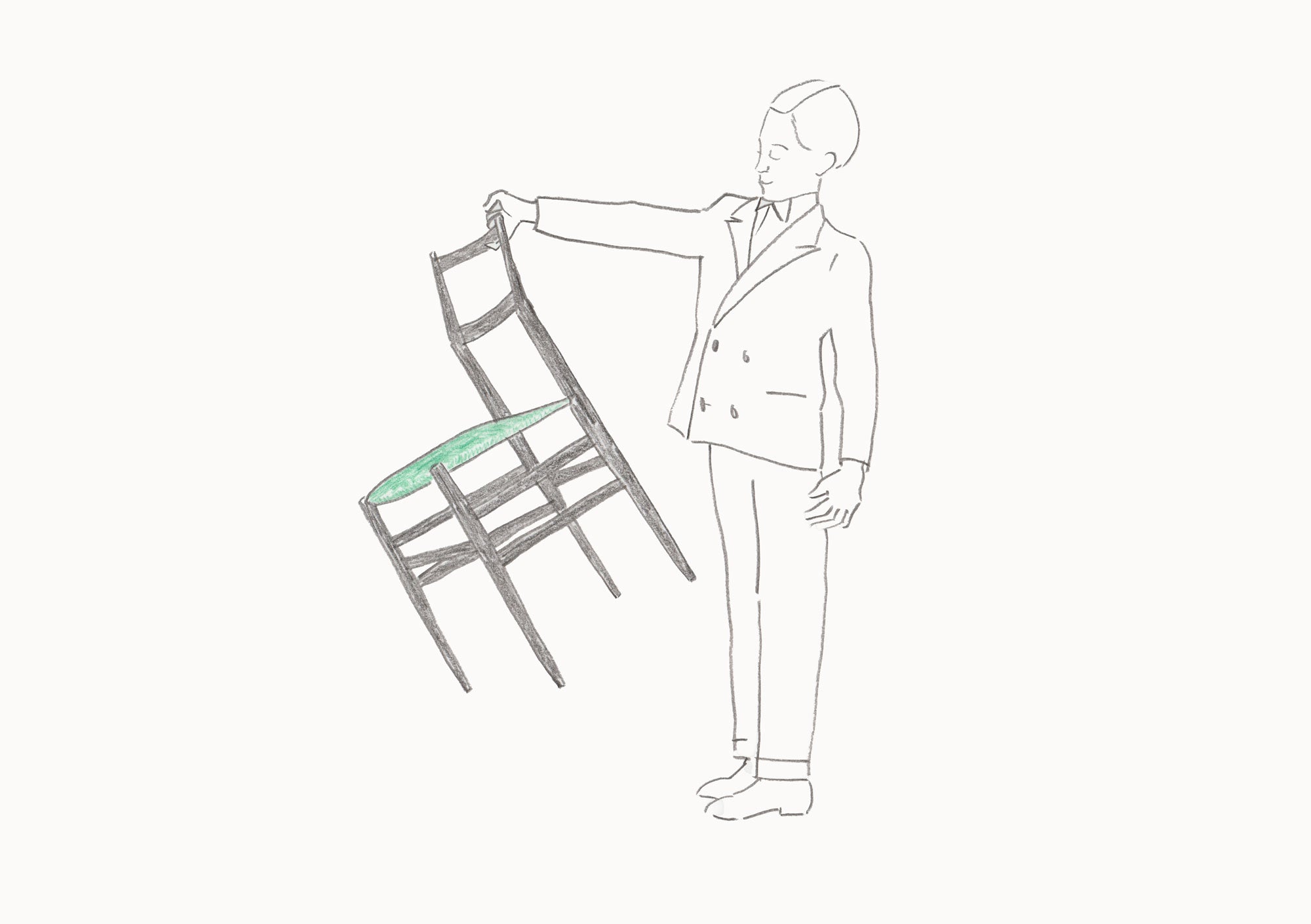 Illustrazione ispirata alla sedia Superleggera, con figura che la solleva con una mano.