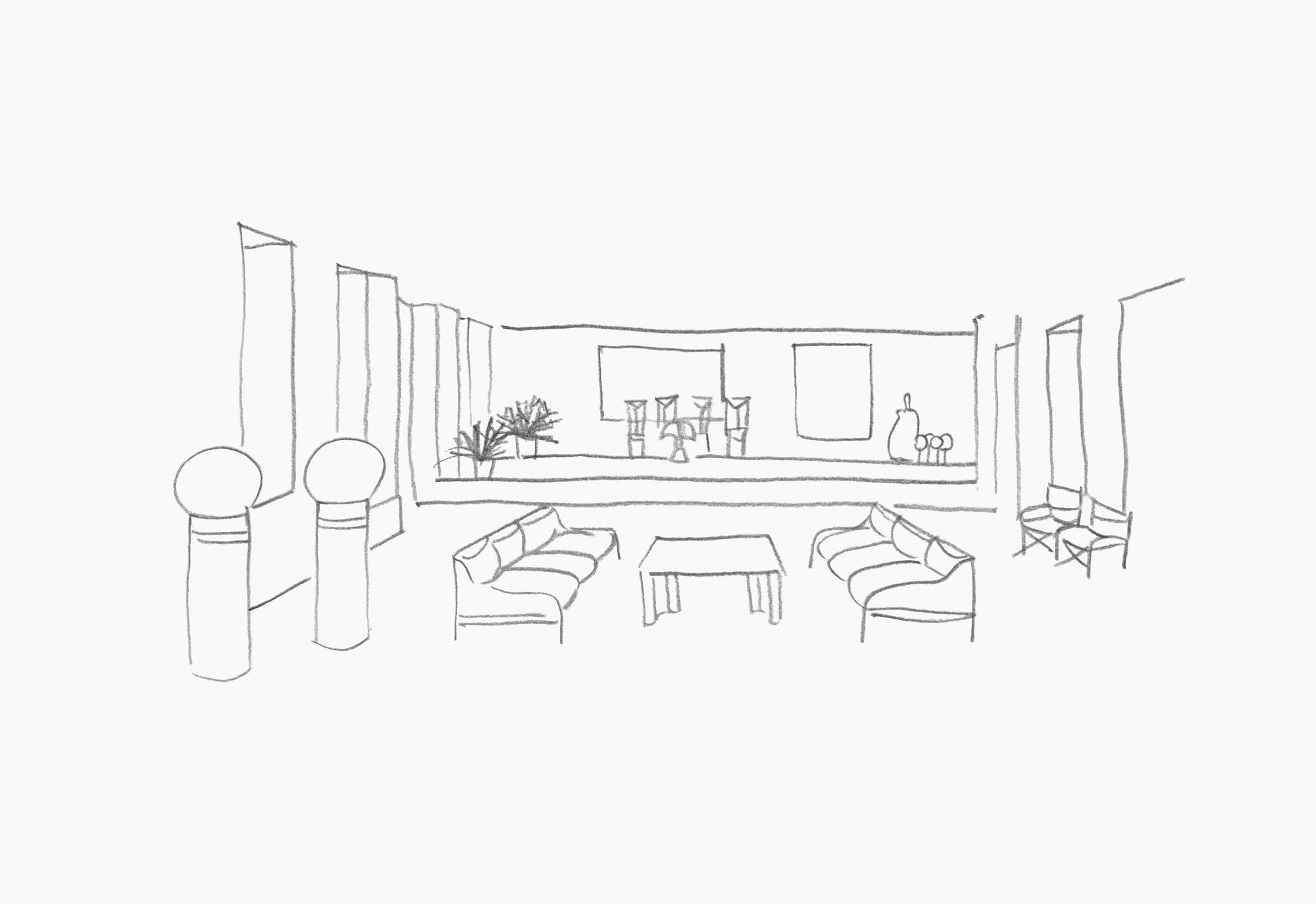 llustrazione di un ambiente contemporaneo con divani, tavolo e complementi d'arredo.
