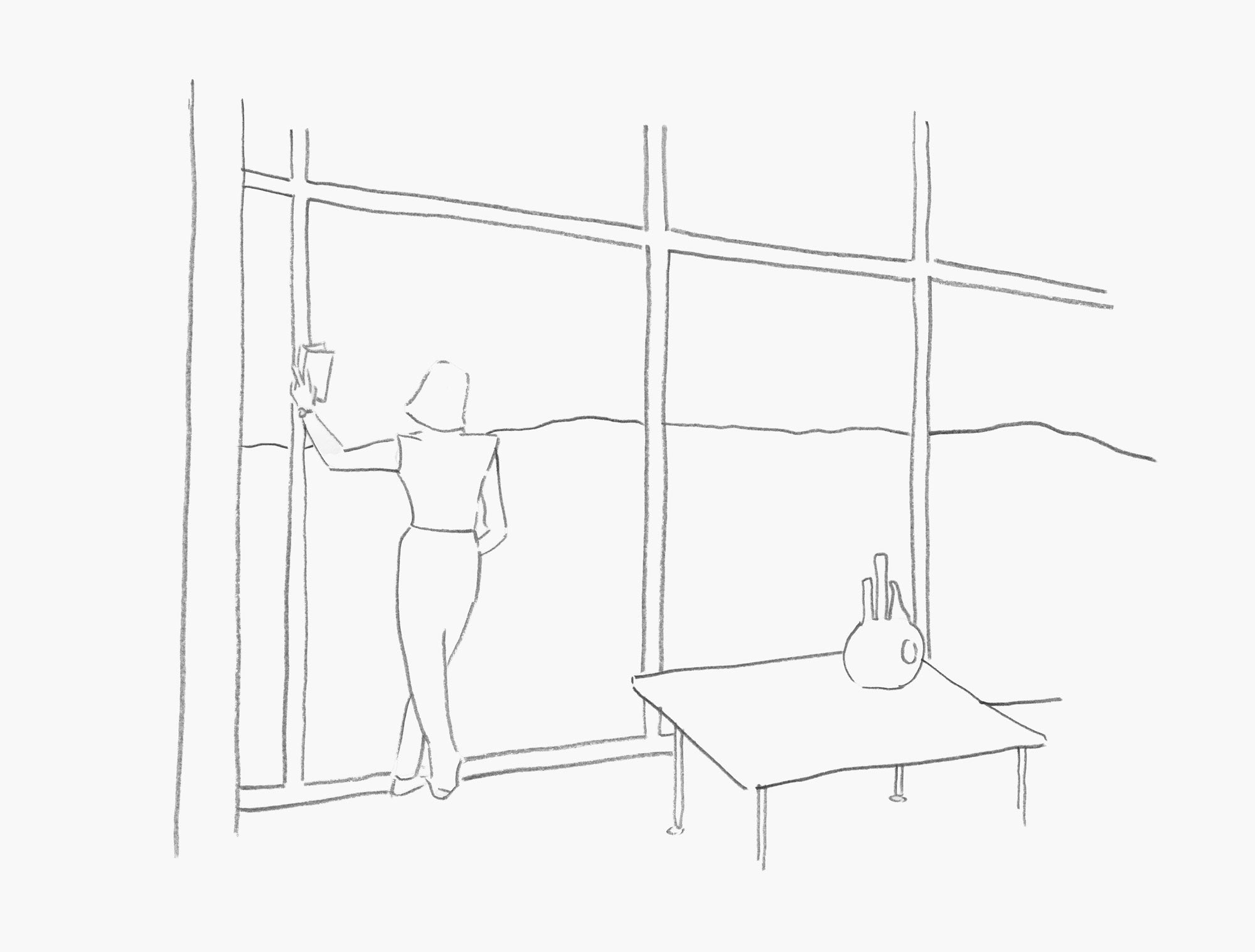 Illustrazione ispirata a Lina Bo Bardi nella Casa de Vidro a San Paolo, affacciata alla grande vetrata con vista sul giardino.
