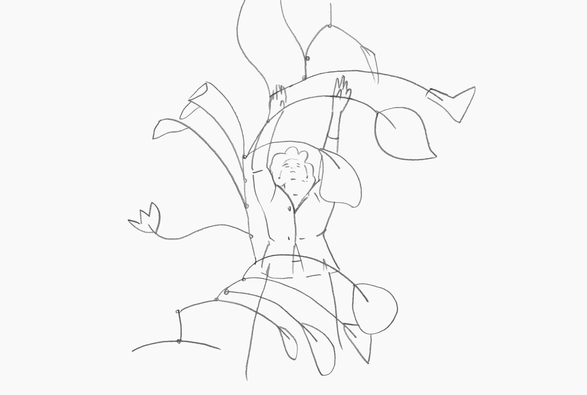 Illustrazione ispirata a Peggy Guggenheim posa accanto alla scultura "Arco di petali" di Alexander Calder alla Biennale di Venezia, 1948.